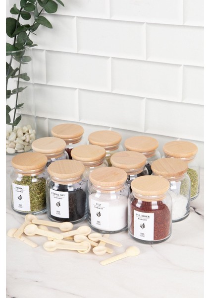 12'li Ahşap Kapaklı Cam Baharatlık Seti, 300ML, Baharat ve Kaşıklı Şık Düzen fiyatları