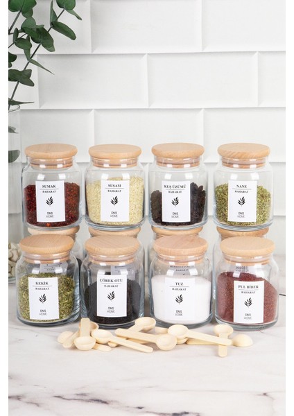 12'li Ahşap Kapaklı Cam Baharatlık Seti, 300ML, Baharat ve Kaşıklı Şık Düzen modelleri