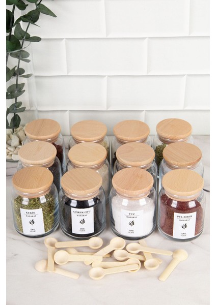 12'li Ahşap Kapaklı Cam Baharatlık Seti, 300ML, Baharat ve Kaşıklı Şık Düzen indirimleri