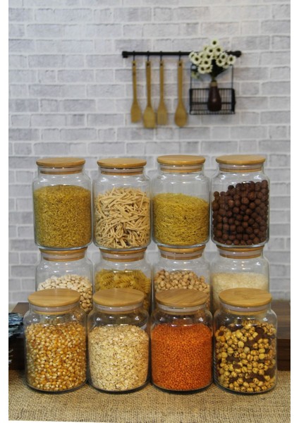 12'li 800 ml Bambu Kapaklı Vakumlu Cam Saklama Kabı ve Baharat Takımı Seti