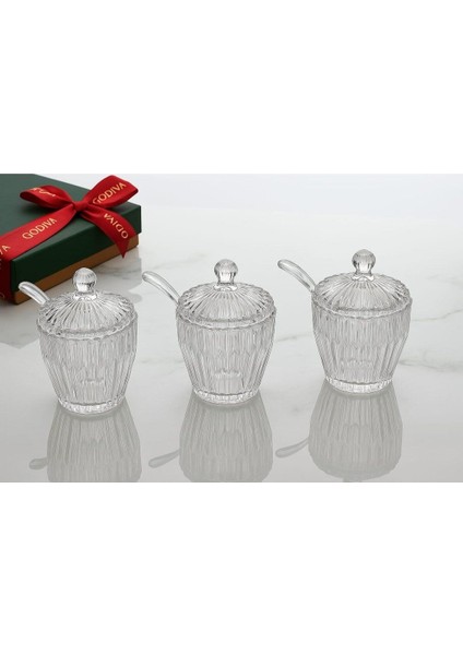 Şık Çizgili Yuvarlak Cam Şekerlik Seti, 3 Adet, Plastik Kaşıklı, Zarif Tasarım
