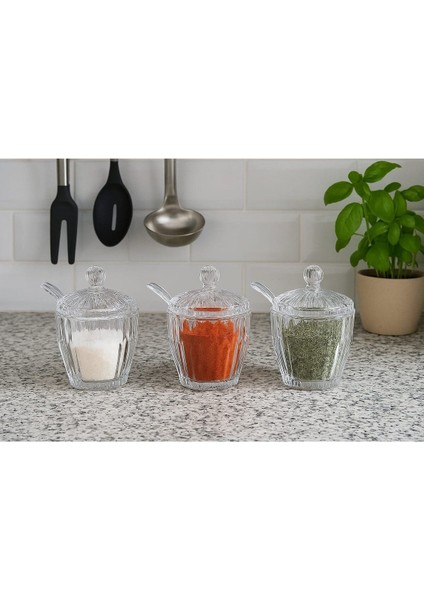 Şık Çizgili Yuvarlak Cam Şekerlik Seti, 3 Adet, Plastik Kaşıklı, Zarif Tasarım fiyatları