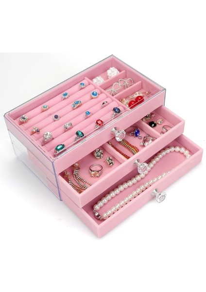 3 Çekmeceli Pembe Takı Kutusu Organizeri, 13X23X11 Cm, Modern ve Şık Tasarım