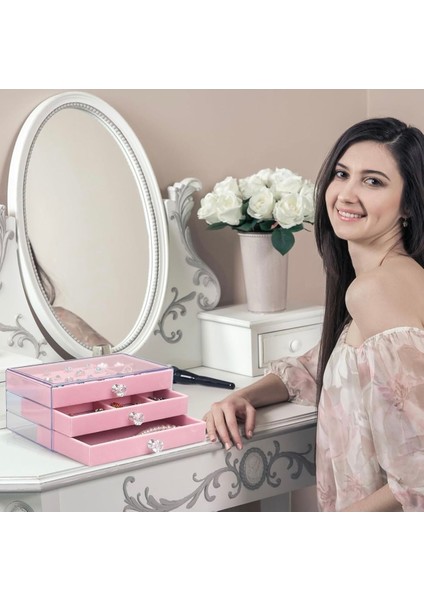 3 Çekmeceli Pembe Takı Kutusu Organizeri, 13X23X11 Cm, Modern ve Şık Tasarım modelleri