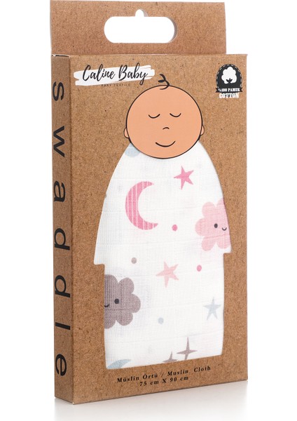 %100 Pamuk Premium & Hafif Müslin Bezi Örtüsü I 90x75 cm I Pembe I Bulut Desenli & 2 Adet Ağız Mendili 27x27cm