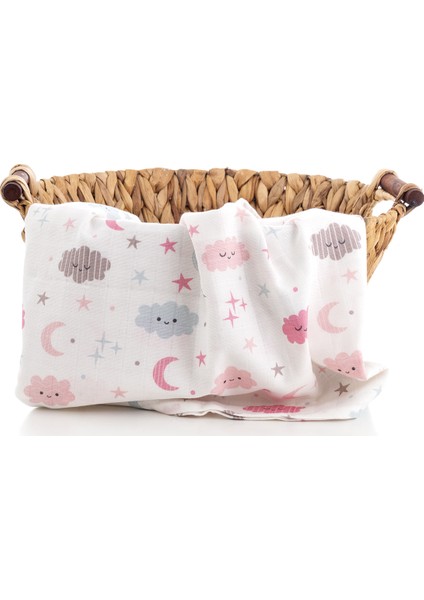 %100 Pamuk Premium & Hafif Müslin Bezi Örtüsü I 90x75 cm I Pembe I Bulut Desenli & 2 Adet Ağız Mendili 27x27cm modelleri