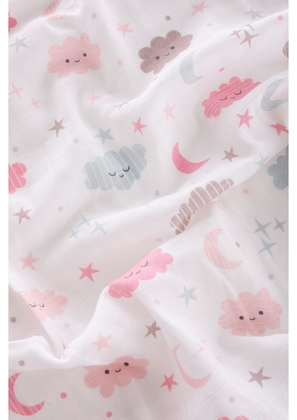 %100 Pamuk Premium & Hafif Müslin Bezi Örtüsü I 90x75 cm I Pembe I Bulut Desenli & 2 Adet Ağız Mendili 27x27cm fırsatları