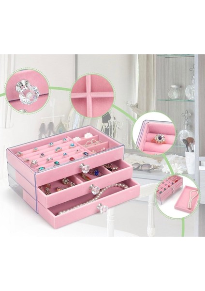3 Çekmeceli Pembe Takı Kutusu Organizeri, 13X23X11 Cm, Modern ve Şık Tasarım fırsatları