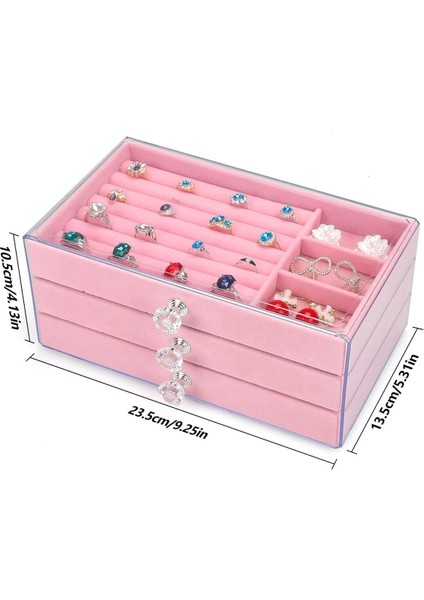 3 Çekmeceli Pembe Takı Kutusu Organizeri, 13X23X11 Cm, Modern ve Şık Tasarım