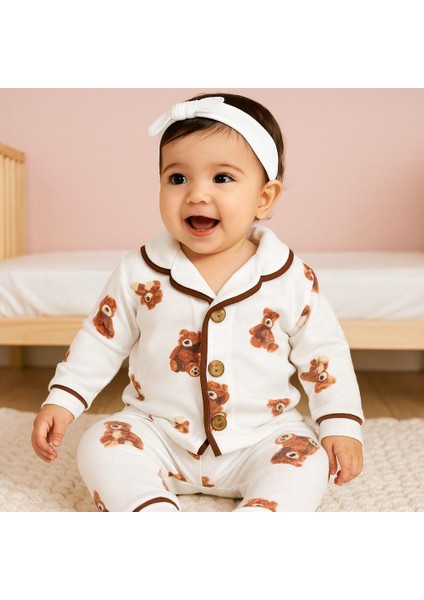 Bear Önden Düğmeli Mevsimlik 2 Parça Pjama Takımı -Krem