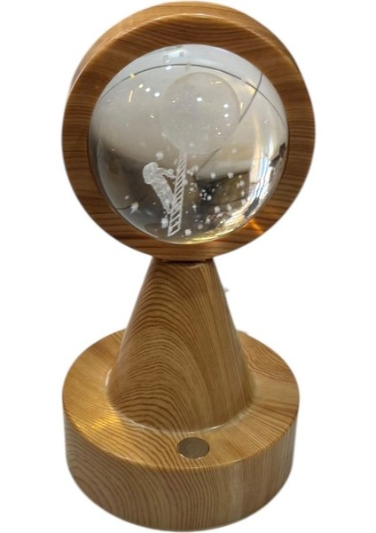 Renkli Cam Küre Gece Lambası, Usb, Ahşap Altlıklı, Işıklı, Ev ve Ofis Dekoru
