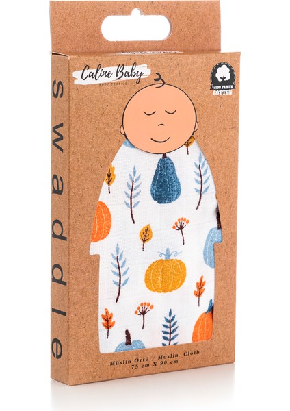 %100 Pamuk Premium & Hafif Müslin Bezi Örtüsü I 90x75 cm I Mavi I Balkabağı Desenli & 2 Adet Ağız Mendili 27x27cm modelleri