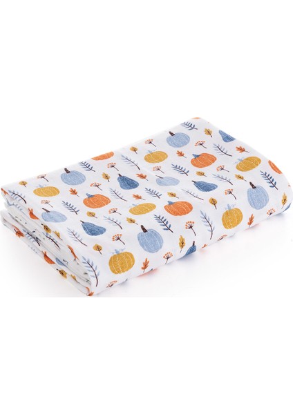 %100 Pamuk Premium & Hafif Müslin Bezi Örtüsü I 90x75 cm I Mavi I Balkabağı Desenli & 2 Adet Ağız Mendili 27x27cm fırsatları