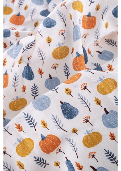 %100 Pamuk Premium & Hafif Müslin Bezi Örtüsü I 90x75 cm I Mavi I Balkabağı Desenli & 2 Adet Ağız Mendili 27x27cm indirimleri