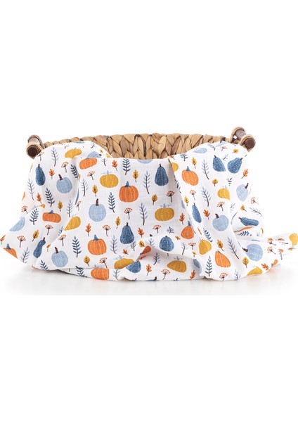 %100 Pamuk Premium & Hafif Müslin Bezi Örtüsü I 90x75 cm I Mavi I Balkabağı Desenli & 2 Adet Ağız Mendili 27x27cm