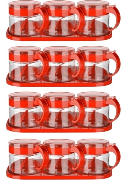 Kırmızı 4'lü Standlı Kapaklı Cam Baharatlık Takımı, Hava Sızdırmaz, Kaşıklı