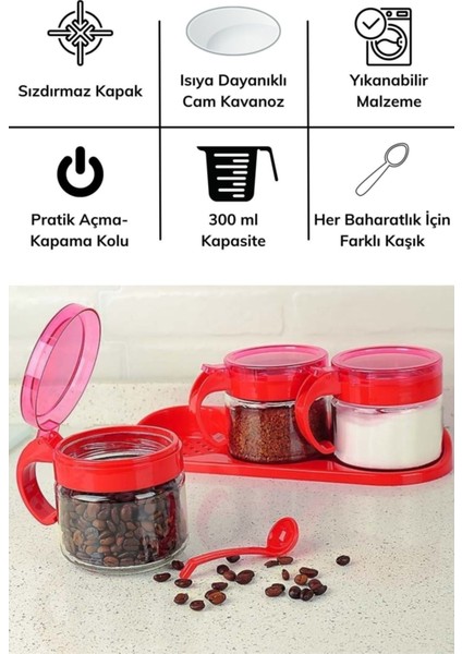 Kırmızı 4'lü Standlı Kapaklı Cam Baharatlık Takımı, Hava Sızdırmaz, Kaşıklı modelleri