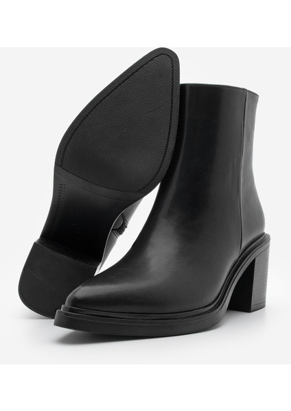 Kadın Sivri Burun Fermuarlı Kalın Topuklu Bot Belza Siyah