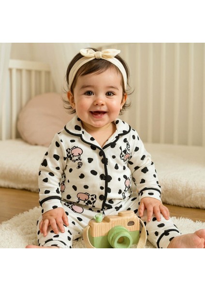 Süt Canavarı Önden Düğmeli Mevsimlik 2 Parça Pjama Takımı -Krem