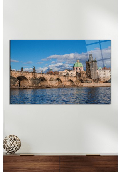 Prag Kalesi ve Charles Köprüsü Cam Tablo, Modern Ev ve Ofis Dekoru, Hediyelik Duvar Dekorasyonu