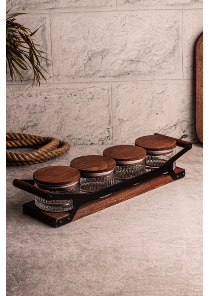 5 Parça Yuvarlak Ahşap ve Cam Tepsili Çerezlik, Kapaklı, 235 ml