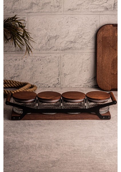 5 Parça Yuvarlak Ahşap ve Cam Tepsili Çerezlik, Kapaklı, 235 ml modelleri