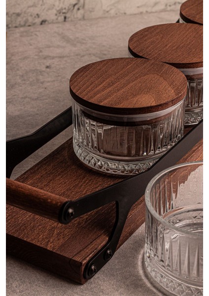 5 Parça Yuvarlak Ahşap ve Cam Tepsili Çerezlik, Kapaklı, 235 ml fırsatları