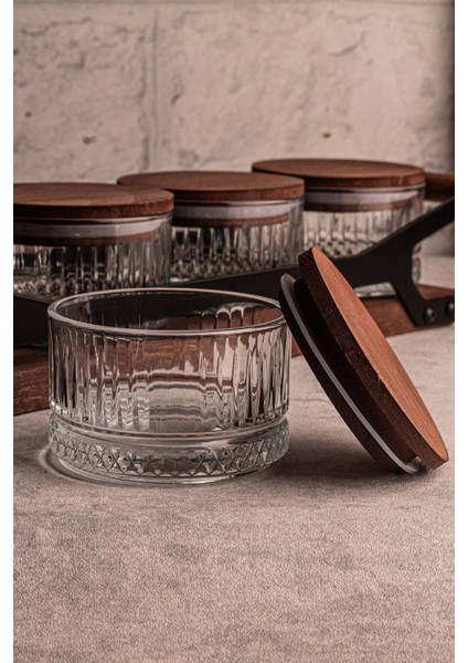 5 Parça Yuvarlak Ahşap ve Cam Tepsili Çerezlik, Kapaklı, 235 ml indirimleri