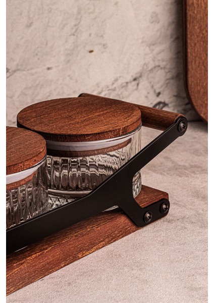 5 Parça Yuvarlak Ahşap ve Cam Tepsili Çerezlik, Kapaklı, 235 ml