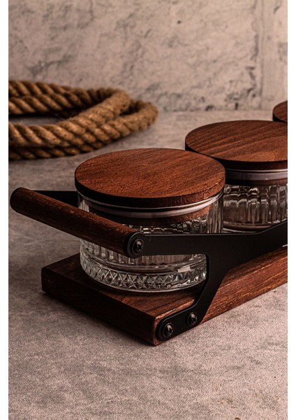 5 Parça Yuvarlak Ahşap ve Cam Tepsili Çerezlik, Kapaklı, 235 ml
