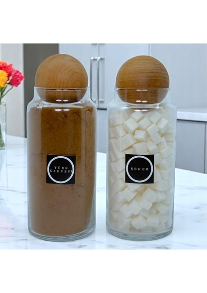 2'li Ahşap Kapaklı 1400 ml Cam Saklama Kavanozu Seti, Renkli Etiket Hediyeli