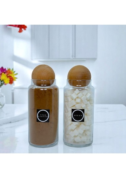 2'li Ahşap Kapaklı 1400 ml Cam Saklama Kavanozu Seti, Renkli Etiket Hediyeli fırsatları