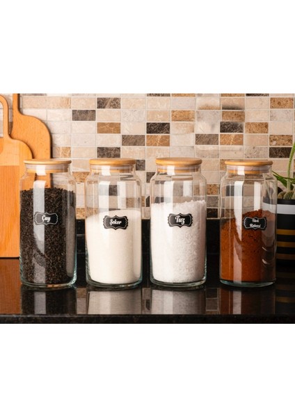 4’lü 1300CC Bambu Kapaklı Cam Kavanoz Takım, Çay, Şeker, Tuz Için Ideal Seçim