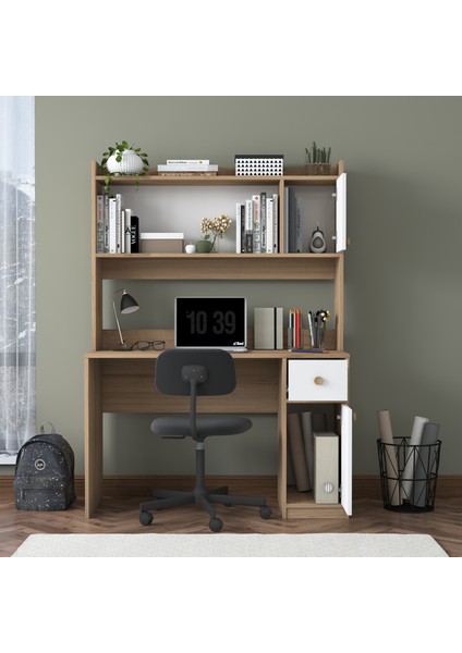 HA127 Kitaplıklı Raflı 2 Kapaklı 1 Çekmeceli Çalışma Ofis Bilgisayar Masası Sepet Ceviz - Beyaz fırsatları