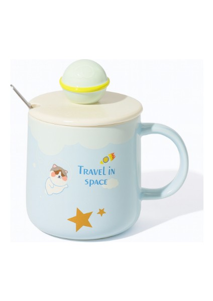 Mavi gezegen Figürlü Seramik Kupa -Planet uzay bardak-Kapaklı kaşıklı fiyatları