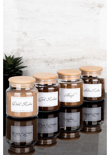 4’lü 500ML Ahşap Kapaklı Kahve Kavanoz Seti Dibek Filtre Nescafe Türk Kahvesi