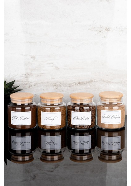 4’lü 500ML Ahşap Kapaklı Kahve Kavanoz Seti Dibek Filtre Nescafe Türk Kahvesi