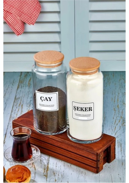 2'li 1300 ml Ahşap Kapaklı Çay ve Şeker Saklama Kavanozları, Turuncu Renkli