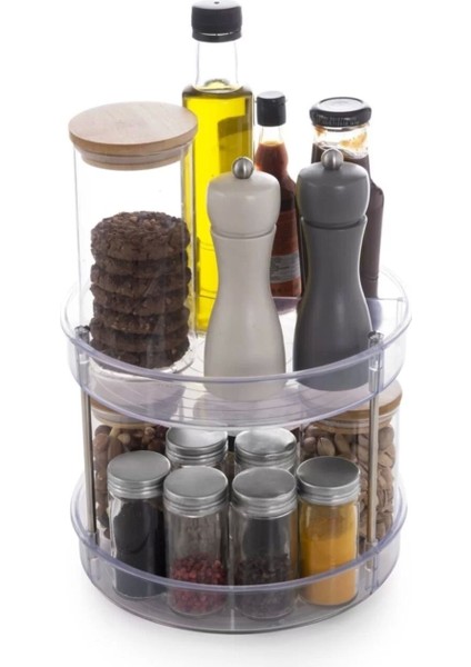 Şeffaf Iki Katlı Döner Raf, Şık ve Pratik Saklama Çözümü