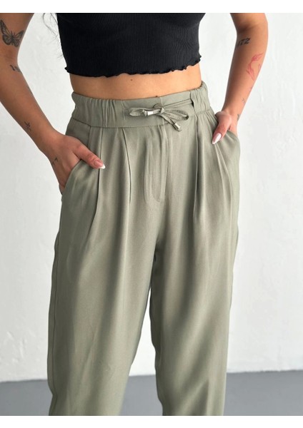 Kadın Yüksel Bel Beli Bağcıklı Cepli Rahat Paça Pantalon - Su Yeşili modelleri