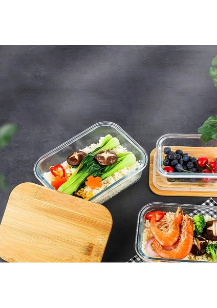 Bambu Kapaklı 3'lü Diktörtgen Cam Saklama Kabı Seti, Vakumlu, Dayanıklı ve Şık