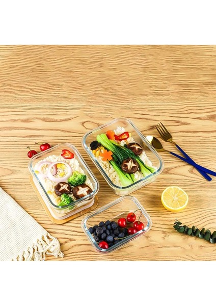 Bambu Kapaklı 3'lü Diktörtgen Cam Saklama Kabı Seti, Vakumlu, Dayanıklı ve Şık modelleri