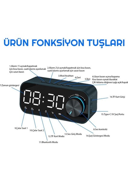 Yeşil Dijital Saat, LED Ekran, Bluetooth, Mp3, Fm Radyo, Alarm, Masa Saati