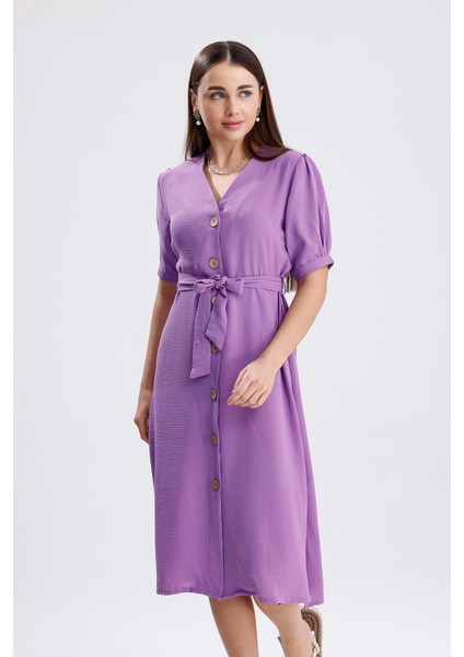Beli Kuşaklı Uzun Aerobin Elbise - Lila