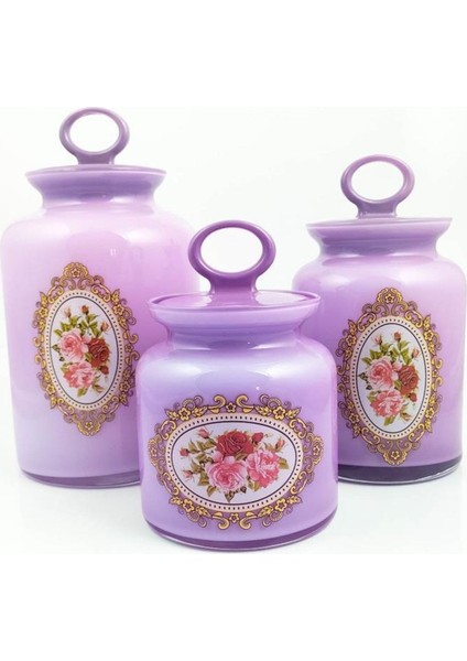 3'lü Lila Desenli Vakumlu Kapaklı Cam Kavanoz Seti, Şık ve Pratik Saklama Çözümü