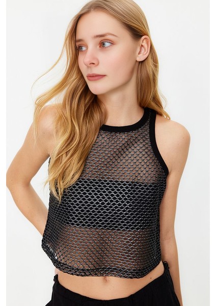 Siyah File Detaylı Vücuda Oturan Örme Atlet