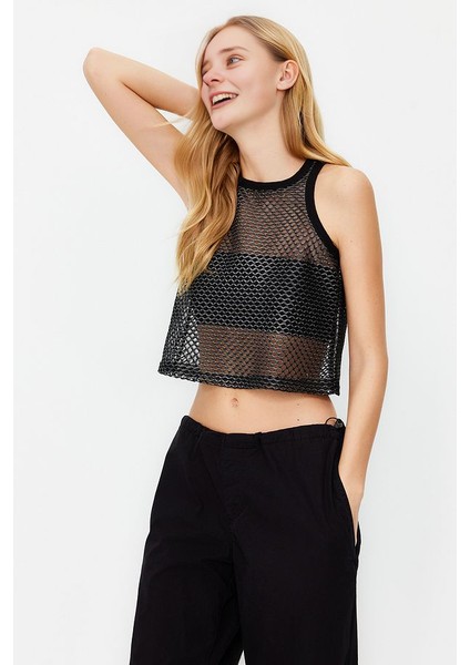 Siyah File Detaylı Vücuda Oturan Örme Atlet modelleri