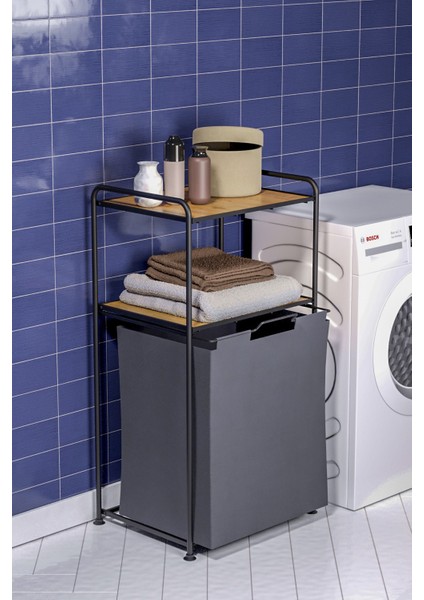 2 Katlı Çamaşır Sepeti Kirli Sepeti Ahşap Raflı Banyo Dolabı Banyo Düzenleyici Organizer Mat Siyah MG100