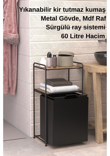 2 Katlı Çamaşır Sepeti Kirli Sepeti Ahşap Raflı Banyo Dolabı Banyo Düzenleyici Organizer Mat Siyah MG100 fiyatları