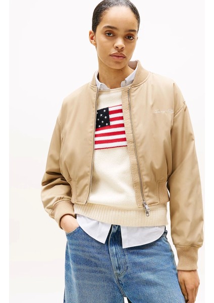 Kadın Naylon Normal Kesim Kısa Bej Bomber Ceket WW0WW45634AEH modelleri